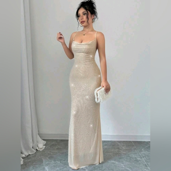Women's Elegant Sexy Sheer Party Gown With Rhinestones, Plunging Neckline - Picture 1 of 7